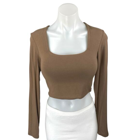 KN Klassy Network Women's Tan Knit Long Sleeve Square Neck Crop Top Size M - Picture 1 of 3